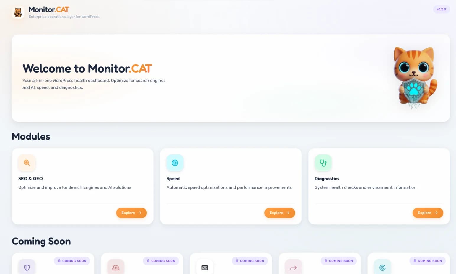 Monitor.CAT dashboard — SEO, Speed, and Diagnostics modules